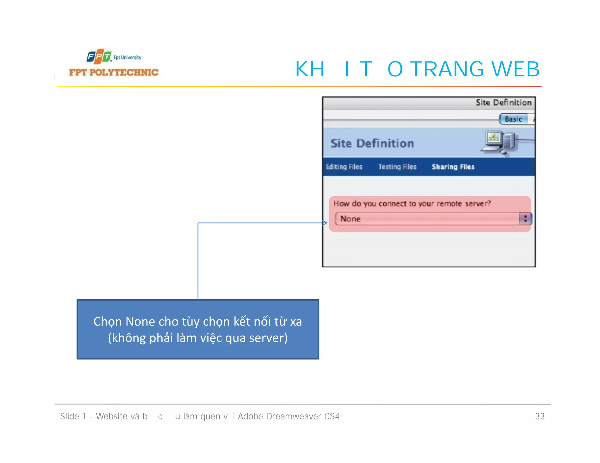 KHỞI TẠO TRANG WEB
Slide 1 - Website và bước đầu làm quen với Adobe Dreamweaver CS4 33
Chọn None cho tùy chọn kết nối từ xa
(không phải làm việc qua server)
 