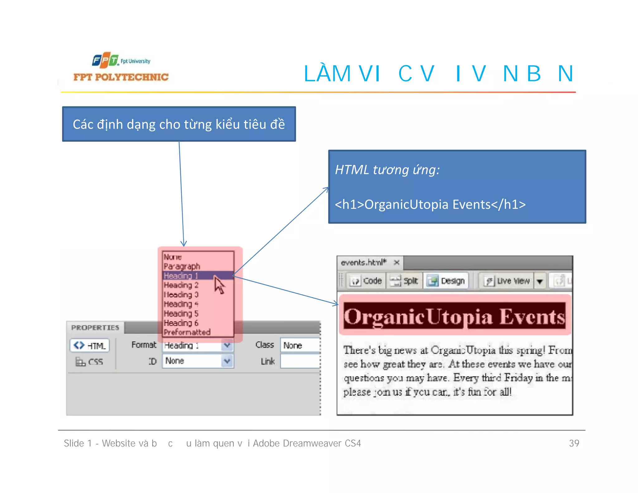 LÀM VIỆC VỚI VĂN BẢN
Các định dạng cho từng kiểu tiêu đề
HTML tương ứng:
<h1>OrganicUtopia Events</h1>
Slide 1 - Website và bước đầu làm quen với Adobe Dreamweaver CS4 39
 