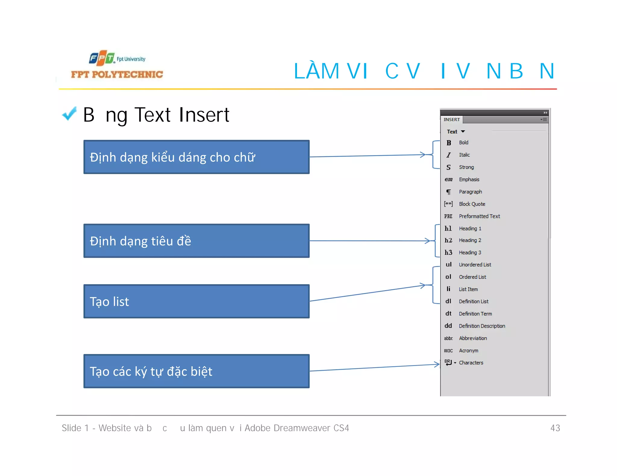 LÀM VIỆC VỚI VĂN BẢN
Bảng Text Insert
Định dạng tiêu đề
Định dạng kiểu dáng cho chữ
Slide 1 - Website và bước đầu làm quen với Adobe Dreamweaver CS4 43
Định dạng tiêu đề
Tạo list
Tạo các ký tự đặc biệt
 