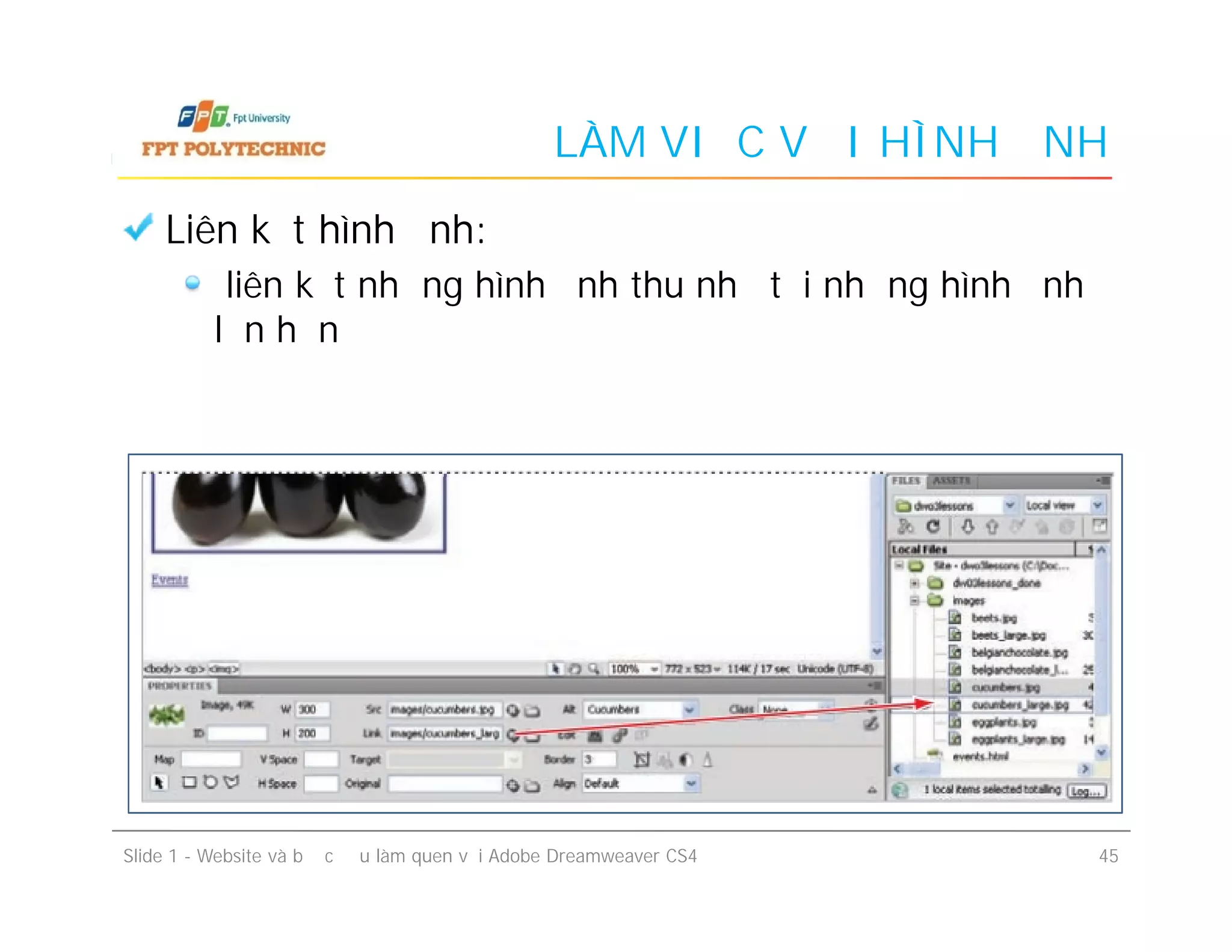 LÀM VIỆC VỚI HÌNH ẢNH
Liên kết hình ảnh:
liên kết những hình ảnh thu nhỏ tới những hình ảnh
lớn hơn
Slide 1 - Website và bước đầu làm quen với Adobe Dreamweaver CS4 45
 