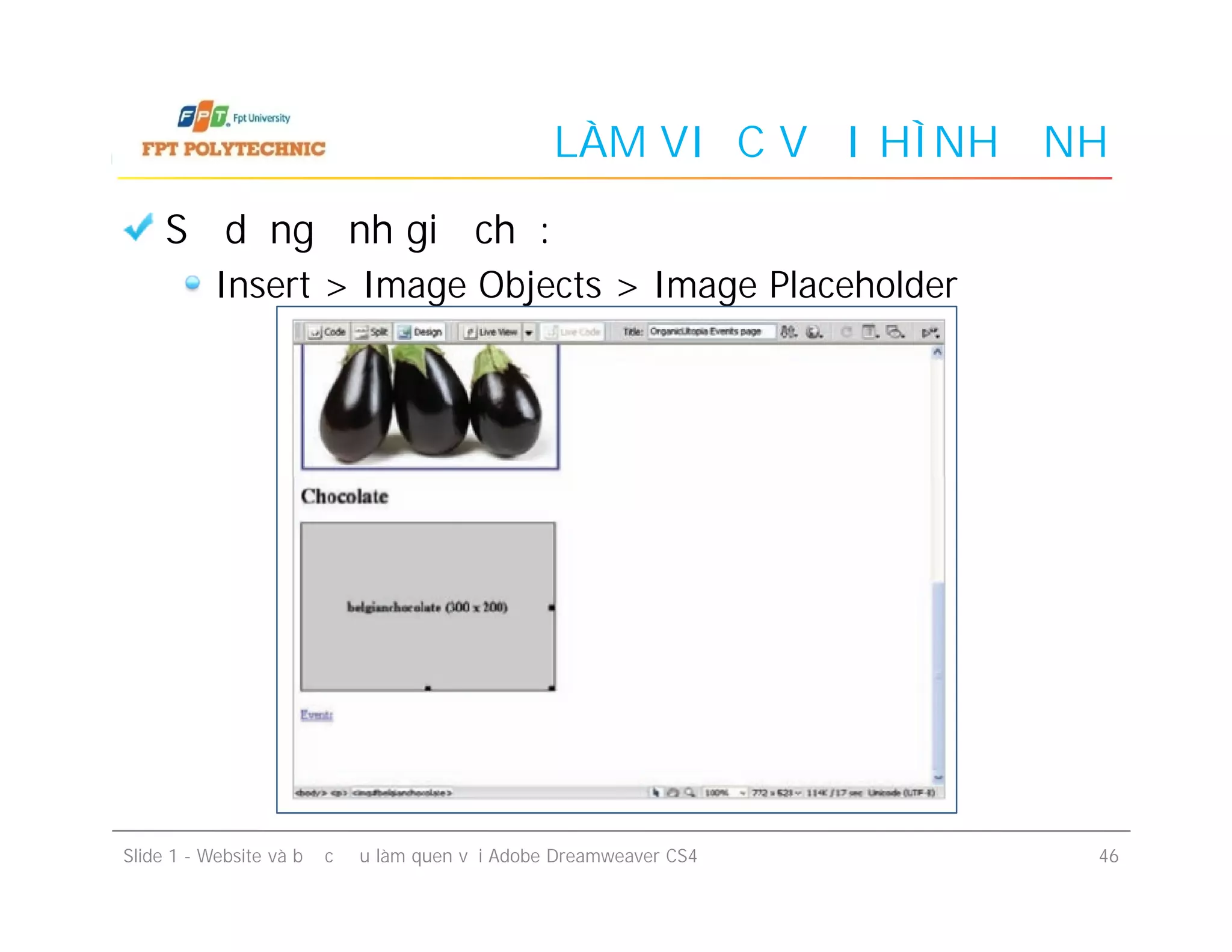LÀM VIỆC VỚI HÌNH ẢNH
Sử dụng ảnh giữ chỗ:
Insert > Image Objects > Image Placeholder
Slide 1 - Website và bước đầu làm quen với Adobe Dreamweaver CS4 46
 