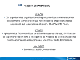 Company Conf ident ial - For Internal Use Only 
Copyr ight © 2012, SAS Inst i tute Inc. Al l r ights reserved. 
SAS 
FILOSOFÍA ORGANIZACIONAL 
MISIÓN 
• Dar el poder a las organizaciones hispanoamericanas de transformar 
exitosamente la manera en que hacen negocio proporcionándoles 
soluciones que les ayuden a obtener... The Power to Know. 
VISIÓN 
• Apoyando los factores críticos de éxito de nuestros clientes, SAS México 
es la primera opción para la Inteligencia de Negocio de las organizaciones 
hispanoamericanas, alcanzando así una mayor parte del mercado. 
VALORES 
• Excelencia, acción, compromiso 
 