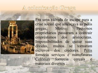 Era uma válvula de escape para a 
crise social que ameaçava as pólis 
gregas. Motivo: Pequenos 
proprietários passaram a contrair 
empréstimos dos aristocratas. 
Impossibilitados de quitar suas 
dívidas, muitos se tornaram 
escravos dos credores. Pólis 
fornecia serviços e manufaturas 
Colônias fornecia cereais e 
materiais diversos . 
 