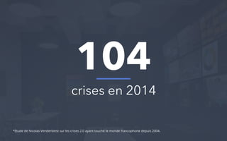 104
crises en 2014
*Etude de Nicolas Venderbiest sur les crises 2.0 ayant touché le monde francophone depuis 2004.
 