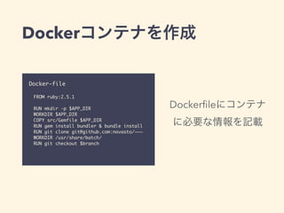 Dockerコンテナを作成
Docker-file
FROM ruby:2.5.1
RUN mkdir -p $APP_DIR
WORKDIR $APP_DIR
COPY src/Gemfile $APP_DIR
RUN gem install bundler & bundle install
RUN git clone git@github.com:novasto/~~~
WORKDIR /usr/share/batch/
RUN git checkout $branch
Dockerﬁleにコンテナ
に必要な情報を記載
 