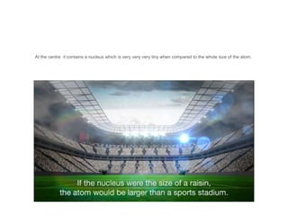 At the centre it contains a nucleus which is very very very tiny when compared to the whole size of the atom.
 