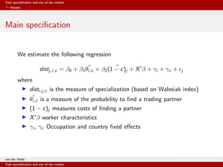 Task specialization and size of the market
Results
Main speciﬁcation
We estimate the following regression
distj,i,c = β0 + β1
ˆθi,c + β2
ˆ(1 − c)j + X β + γi + γc + j
where
disti,j,c is the measure of specialization (based on Walesiak index)
ˆθi,c is a measure of the probability to ﬁnd a trading partner
(1 − c)j measures costs of ﬁnding a partner
X β worker characteristics
γi , γc Occupation and country ﬁxed eﬀects
van der Velde Warsaw School of Economics
Task specialization and size of the market
 