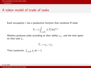 Task specialization and size of the market
Introduction
A token model of trade of tasks
Each occupation i has a production function that combines R tasks
Yi = (
r in Ri
βr Tρ
r dr)1/ρ
Workers produces tasks according to their ability αj,r and the time spent
on that task lj,r
Tr = αj,r ∗ lj,r
Time constraint: r in Ri
lj,r dr = L
van der Velde Warsaw School of Economics
Task specialization and size of the market
 