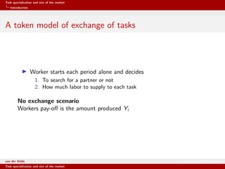 Task specialization and size of the market
Introduction
A token model of exchange of tasks
Worker starts each period alone and decides
1. To search for a partner or not
2. How much labor to supply to each task
No exchange scenario
Workers pay-oﬀ is the amount produced Yi
van der Velde Warsaw School of Economics
Task specialization and size of the market
 