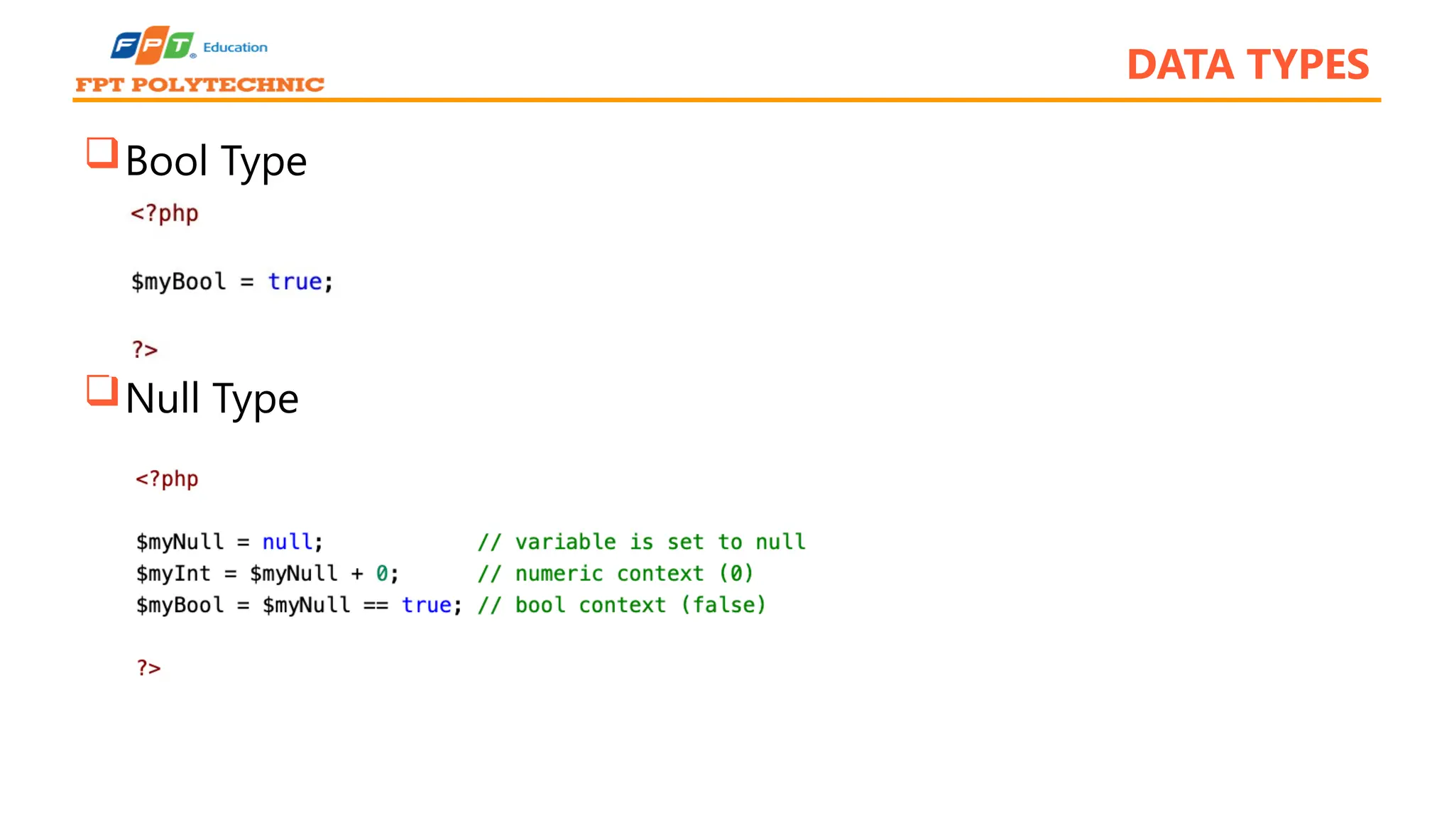 DATA TYPES Bool Type Null Type 