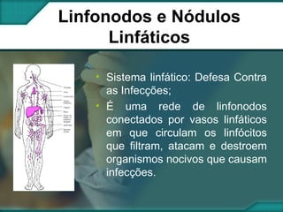 Linfonodos e Nódulos Linfáticos Sistema linfático: Defesa Contra as Infecções; É uma rede de linfonodos conectados por vasos linfáticos em que circulam os linfócitos que filtram, atacam e destroem organismos nocivos que causam infecções. 