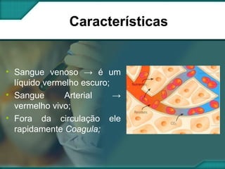 Características Sangue venoso -> é um líquido vermelho escuro; Sangue Arterial -> vermelho vivo; Fora da circulação ele rapidamente  Coagula; 