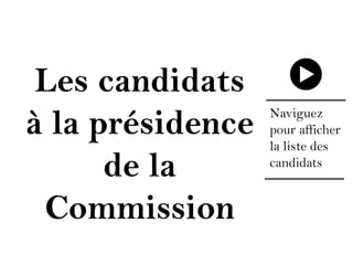 Les candidats
à la présidence
de la
Commission

Naviguez
pour afficher
la liste des
candidats

 