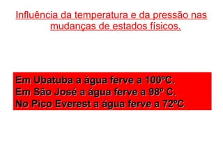Influência da temperatura e da pressão nas
mudanças de estados físicos.
Em Ubatuba a água ferve a 100ºC.Em Ubatuba a água ferve a 100ºC.
Em São José a água ferve a 98º C.Em São José a água ferve a 98º C.
No Pico Everest a água ferve a 72ºCNo Pico Everest a água ferve a 72ºC..
 