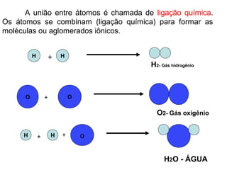 A união entre átomos é chamada de ligação química.
Os átomos se combinam (ligação química) para formar as
moléculas ou aglomerados iônicos.
H H
O O
+
+
H H o+ +
H2- Gás hidrogênio
O2- Gás oxigênio
H2O - ÁGUA
 