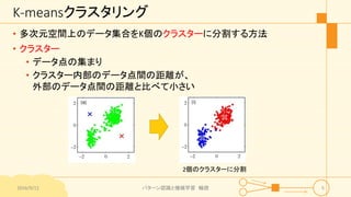 K-meansクラスタリング
• 多次元空間上のデータ集合をK個のクラスターに分割する方法
• クラスター
• データ点の集まり
• クラスター内部のデータ点間の距離が、
外部のデータ点間の距離と比べて小さい
2個のクラスターに分割
2016/9/12 パターン認識と機械学習 輪読 5
 