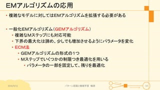 ＥＭアルゴリズムの応用
• 複雑なモデルに対してはＥＭアルゴリズムを拡張する必要がある
• 一般化ＥＭアルゴリズム（ＧＥＭアルゴリズム）
• 複雑なＭステップにも対応可能
• 下界の最大化は諦め、少しでも増加させるようにパラメータを変化
• ＥＣＭ法
• ＧＥＭアルゴリズムの形式の１つ
• Ｍステップでいくつかの制限つき最適化を用いる
• パラメータの一部を固定して、残りを最適化
2016/9/12 パターン認識と機械学習 輪読 54
 
