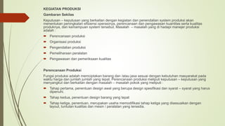 KEGIATAN PRODUKSI
Gambaran Sekilas
Keputusan – keputusan yang berkaitan dengan kegiatan dan penendalian system produksi akan
menentukan peningkatan efisiensi operasinya, perencanaan dan pengawasan kuantitas serta kualitas
produknya, dan kemampuan system tersebut. Masalah – masalah yang di hadapi manejer produksi
adalah :
 Perencanaan produksi
 Organisasi produksi
 Pengendalian produksi
 Pemeliharaan peralatan
 Pengawasan dan pemeriksaan kualitas
Perencanaan Produksi
Fungsi produksi adalah memciptakan barang dan /atau jasa sesuai dengan kebutuhan masyarakat pada
waktu harga dan jumlah jumlah yang tepat. Perencanaan produksi meliputi keputusan – keputusan yang
menyangkut dan berkaitan dengan masalah – masalah pokok yang meliputi :
 Tahap pertama, penentuan design awal yang berupa design spesifikasi dan syarat – syarat yang harus
dipenuhi.
 Tahap kedua, penentuan design barang yang tepat
 Tahap ketiga, penentuan, merupakan usaha memodifikasi tahap ketiga yang disesuaikan dengan
layout, tuntutan kualitas dan mesin / peralatan yang tersedia.
 
