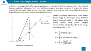Analisis ini menganggap bahwa kelongsoran pada suatu lereng dapat terjadi, bila tegangan geser rata-rata yang
dapat menyebabkan kelongsoran lebih besar dari kekuatan geser tanah yang menahan. Di samping itu, bidang
yang paling kritis adalah bidang dimana rasio antara tegangan geser rata-rata yang menyebabkan kelongsoran
dengan kekuatan geser tanah yang menahan adalah minimum.
Gambar disamping menunjukkan suatu lereng
dengan tinggi 𝐻. Kemiringan lereng terhadap
bidang horisontal adalah 𝛽. AC adalah suatu
bidang longsor yang dicoba. Dengan
memperhatikan satu kesatuan tebal dari lereng,
berat bagian 𝐴𝐵𝐶 = 𝑊.
𝑊 =
1
2
𝐻 𝐵𝐶 1 𝛾
𝑊 =
1
2
𝐻 𝐻 cot 𝜃 − 𝐻 cot 𝛽 𝛾
𝑊 =
1
2
𝛾𝐻
sin 𝛽 − 𝜃
sin 𝛽 . sin 𝜃
Analisis lereng metode Culmann
27
3. Analisis Talud dengan Metode Culmann
 
