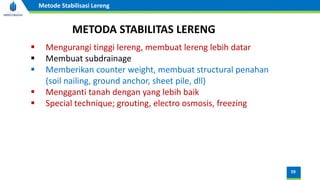 59
Metode Stabilisasi Lereng
METODA STABILITAS LERENG
▪ Mengurangi tinggi lereng, membuat lereng lebih datar
▪ Membuat subdrainage
▪ Memberikan counter weight, membuat structural penahan
(soil nailing, ground anchor, sheet pile, dll)
▪ Mengganti tanah dengan yang lebih baik
▪ Special technique; grouting, electro osmosis, freezing
 