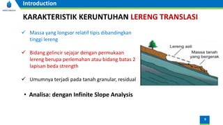 9
Introduction
KARAKTERISTIK KERUNTUHAN LERENG TRANSLASI
✓ Massa yang longsor relatif tipis dibandingkan
tinggi lereng
✓ Bidang gelincir sejajar dengan permukaan
lereng berupa perlemahan atau bidang batas 2
lapisan beda strength
✓ Umumnya terjadi pada tanah granular, residual
• Analisa: dengan Infinite Slope Analysis
 
