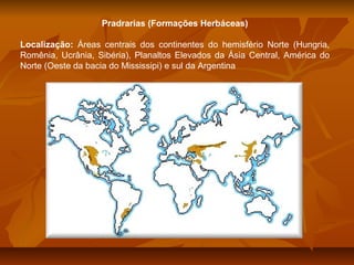 Pradrarias (Formações Herbáceas)
Localização: Áreas centrais dos continentes do hemisfério Norte (Hungria,
Romênia, Ucrânia, Sibéria), Planaltos Elevados da Ásia Central, América do
Norte (Oeste da bacia do Mississipi) e sul da Argentina

 