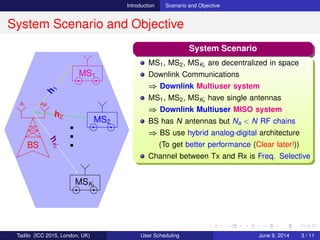 Introduction Scenario and Objective
System Scenario and Objective
BS
a1 · · · aM
MS1
MS2
MSKt
h
1
h2
hKt
...
System Scenario
MS1, MS2, MSKt
are decentralized in space
Downlink Communications
⇒ Downlink Multiuser system
MS1, MS2, MSKt
have single antennas
⇒ Downlink Multiuser MISO system
BS has N antennas but Na < N RF chains
⇒ BS use hybrid analog-digital architecture
(To get better performance (Clear later!))
Channel between Tx and Rx is Freq. Selective
Tadilo (ICC 2015, London, UK) User Scheduling June 9, 2015, (ICC 2015) 3 / 11
 