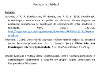 Para quarta, 15/06/16
Leituras:
Athayde, S. F., R. Buschbacher, W. Bartels, and R. D. R. 2013. Seluchinesk.
Aprendizagem colaborativa e gestão de sistemas sócio-ecológicos na
Amazônia: experiências de construção de conhecimento entre academia e
sociedade. RBPG 10(21): 729-756.
http://rbpg.capes.gov.br/images/stories/downloads/RBPG/vol.10_21/experie
ncia4.pdf
Fazenda, I. 2001. Construindo aspectos teórico-metodológicos da pesquisa
sobre Interdisciplinaridade. In: I. fazenda (org.) Dicionário em
Construção: Interdisciplinaridade. 2 ed. São Paulo: Cortez, 11-29 pp.
Revisar Modulos e Videos Classe Epistemologia, Inter e Transdisciplinaridade e
Aprendizagem colaborativa e trabalho em grupo– Pagina Conectados na
Complexidade Wikispaces.
 