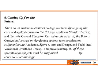 5. Gearing Up f or the
Future.
The K to 12 Currtculum ensures coUege readtness by altgntng the
core and applted courses to the CoUege Readtness Standard (CRS)
and the neiv General Educatton Currtculum.As a result, the K to 12
Currtculumfocused on developtng appropr tate spectaltzatton
subjectsfor the Academtc, Sport s, Arts and Destgn, and Tech11tcal
Vocattonal Ltvelthood Tracks.To tmprove leamtng, aU of these
spectall2atton subjects must be supported by
educattonal technology.
Jens Martensson
•
 