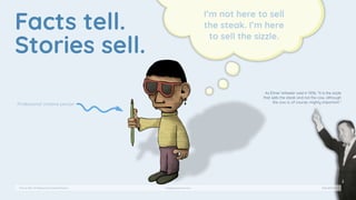 Facts tell.
Stories sell.
I’m not here to sell
the steak. I’m here
to sell the sizzle.
How to Be a Professional Creative Person HappyAwesome.com Slide #A0014
Professional creative person
As Elmer Wheeler said in 1936, "It is the sizzle
that sells the steak and not the cow, although
the cow is, of course, mighty important."
 