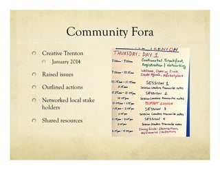 Community Fora
!   Creative Trenton
!   January 2014
!   Raised issues
!   Outlined actions
!   Networked local stake
holders
!   Shared resources
 