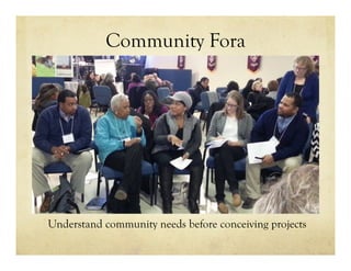 Community Fora
Understand community needs before conceiving projects
 
