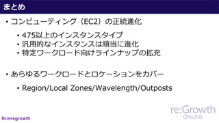 まとめ
• コンピューティング（EC2）の正統進化
• あらゆるワークロードとロケーションをカバー
• 475以上のインスタンスタイプ
• 汎⽤的なインスタンスは順当に進化
• 特定ワークロード向けラインナップの拡充
• Region/Local Zones/Wavelength/Outposts
#cmregrowth
 