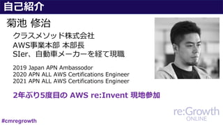 ⾃⼰紹介
菊池 修治
クラスメソッド株式会社
AWS事業本部 本部⻑
SIer、⾃動⾞メーカーを経て現職
2019 Japan APN Ambassodor
2020 APN ALL AWS Certifications Engineer
2021 APN ALL AWS Certifications Engineer
2年ぶり5度⽬の AWS re:Invent 現地参加
#cmregrowth
 