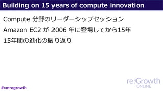 Building on 15 years of compute innovation
Compute 分野のリーダーシップセッション
Amazon EC2 が 2006 年に登場してから15年
15年間の進化の振り返り
#cmregrowth
 