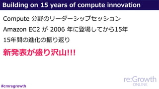Building on 15 years of compute innovation
Compute 分野のリーダーシップセッション
Amazon EC2 が 2006 年に登場してから15年
15年間の進化の振り返り
新発表が盛り沢⼭!!!
#cmregrowth
 