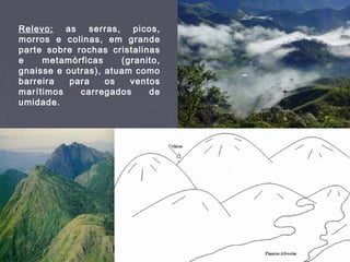 Relevo: as serras, picos,
morros e colinas, em grande
parte sobre rochas cristalinas
e
metamórficas
(granito,
gnaisse e outras), atuam como
barreira
para
os
ventos
marítimos
carregados
de
umidade.

 