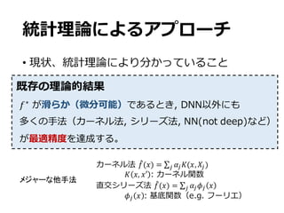 統計理論によるアプローチ
• 現状、統計理論により分かっていること
既存の理論的結果
𝑓∗
が滑らか（微分可能）であるとき, DNN以外にも
多くの⼿法（カーネル法, シリーズ法, NN(not deep)など）
が最適精度を達成する。
カーネル法 𝑓"(𝑥) = ∑ 𝛼S 𝐾(𝑥, 𝑋S)S
𝐾 𝑥, 𝑥′ : カーネル関数
直交シリーズ法 𝑓"(𝑥) = ∑ 𝛼S 𝜙S 𝑥S
𝜙S 𝑥 : 基底関数（e.g. フーリエ）
メジャーな他手法
 