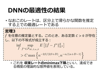 DNNの最適性の結果
• なおこのレートは、区分上で滑らかな関数を推定
する上での最適レートである
• これを 収束レートのminimax下限といい、達成でき
る精度の理論的な限界値を表現している。
𝑓̅ を任意の推定量とする。このとき、ある定数 𝐶 > 0 が存在
し、以下の不等式が成⽴する：
定理3
inf
¯f
sup
f⇤2FM,J,↵,
E
⇥
k ¯f f⇤
k2
L2
⇤
> C max
n
n 2 /(2 +D)
, n ↵/(↵+D 1)
o
 