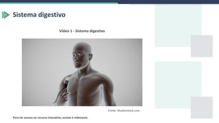 Para ter acesso ao recurso interativo, assista à videoaula.
Sistema digestivo
Vídeo 1 - Sistema digestivo
Fonte: Shutterstock.com.
 