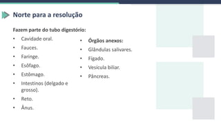 Norte para a resolução
• Órgãos anexos:
• Glândulas salivares.
• Fígado.
• Vesícula biliar.
• Pâncreas.
Fazem parte do tubo digestório:
• Cavidade oral.
• Fauces.
• Faringe.
• Esôfago.
• Estômago.
• Intestinos (delgado e
grosso).
• Reto.
• Ânus.
 