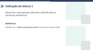Indicação de leitura 1
Neste livro, você aprende colorindo e identificando as
estruturas anatômicas!
Referência
HANSEN, John T. Netter, anatomia para colorir. Rio de Janeiro: Elsevier, 2010.
 