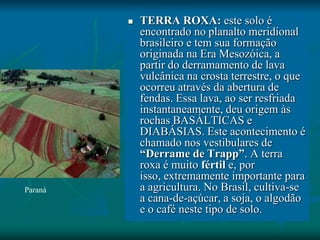  TERRA ROXA: este solo é
encontrado no planalto meridional
brasileiro e tem sua formação
originada na Era Mesozóica, a
partir do derramamento de lava
vulcânica na crosta terrestre, o que
ocorreu através da abertura de
fendas. Essa lava, ao ser resfriada
instantaneamente, deu origem às
rochas BASÁLTICAS e
DIABÁSIAS. Este acontecimento é
chamado nos vestibulares de
“Derrame de Trapp”. A terra
roxa é muito fértil e, por
isso, extremamente importante para
a agricultura. No Brasil, cultiva-se
a cana-de-açúcar, a soja, o algodão
e o café neste tipo de solo.
Paraná
 