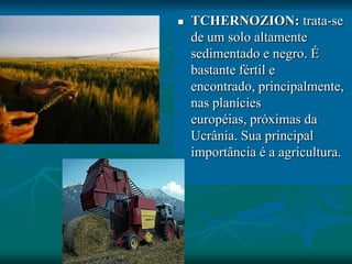  TCHERNOZION: trata-se
de um solo altamente
sedimentado e negro. É
bastante fértil e
encontrado, principalmente,
nas planícies
européias, próximas da
Ucrânia. Sua principal
importância é a agricultura.
 