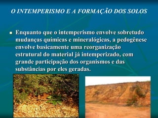 O INTEMPERISMO E A FORMAÇÃO DOS SOLOS
 Enquanto que o intemperismo envolve sobretudo
mudanças químicas e mineralógicas, a pedogênese
envolve basicamente uma reorganização
estrutural do material já intemperizado, com
grande participação dos organismos e das
substâncias por eles geradas.
 