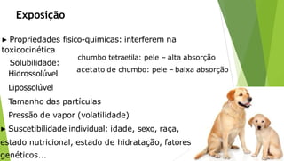 Exposição
▶ Propriedades físico-químicas: interferem na
toxicocinética
Solubilidade:
chumbo tetraetila: pele – alta absorção
acetato de chumbo: pele – baixa absorção
Hidrossolúvel
Lipossolúvel
Tamanho das partículas
Pressão de vapor (volatilidade)
▶ Suscetibilidade individual: idade, sexo, raça,
estado nutricional, estado de hidratação, fatores
genéticos...
 