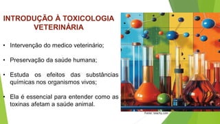 INTRODUÇÃO À TOXICOLOGIA
VETERINÁRIA
• Intervenção do medico veterinário;
• Preservação da saúde humana;
• Estuda os efeitos das substâncias
químicas nos organismos vivos;
• Ela é essencial para entender como as
toxinas afetam a saúde animal.
Fonte: teachy.com
 