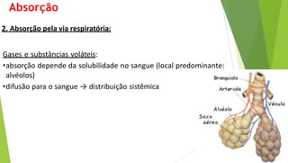 2. Absorção pela via respiratória:
Gases e substâncias voláteis:
•absorção depende da solubilidade no sangue (local predominante:
alvéolos)
•difusão para o sangue → distribuição sistêmica
Absorção
 
