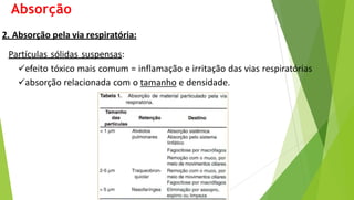 2. Absorção pela via respiratória:
Partículas sólidas suspensas:
efeito tóxico mais comum = inflamação e irritação das vias respiratórias
absorção relacionada com o tamanho e densidade.
Absorção
 