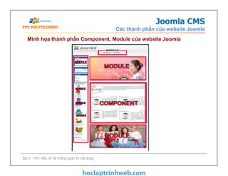 Joomla CMS
Các thành phần của website Joomla
Minh họa thành phần Component, Module của website Joomla
Bài 1 - Tìm hiểu về hệ thống quản trị nội dung
 